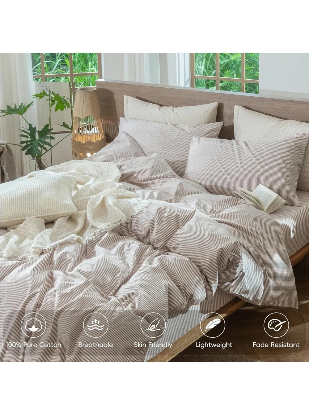 NEW MooMee Striped Duvet Cover Set 100% Washed Cotton Linen Like Oversized Queen